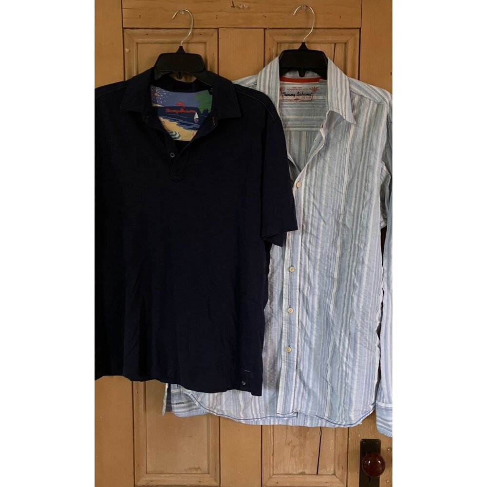 Tommy Bahama Mens SET OF TWO Striped Button Solid Polo Shirt Medium Blue SP EXC